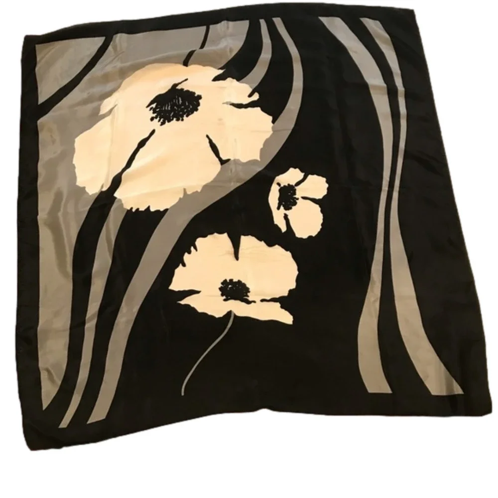 Scarf polyester white flowers on a wavy black and gray background 31” x 31”